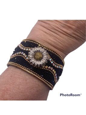 Black & Gold Beaded Bracelet Snap Jewelry & Metal Sunflower 18mm Ginger Snap NWT
